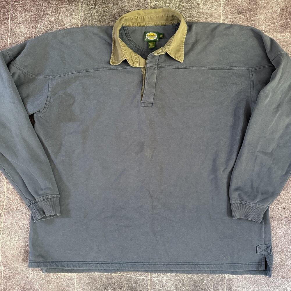 Men's Vintage Y2K Cabela's Faded Blue Henley Pullover Collared Sweatshirt Sz 3XL